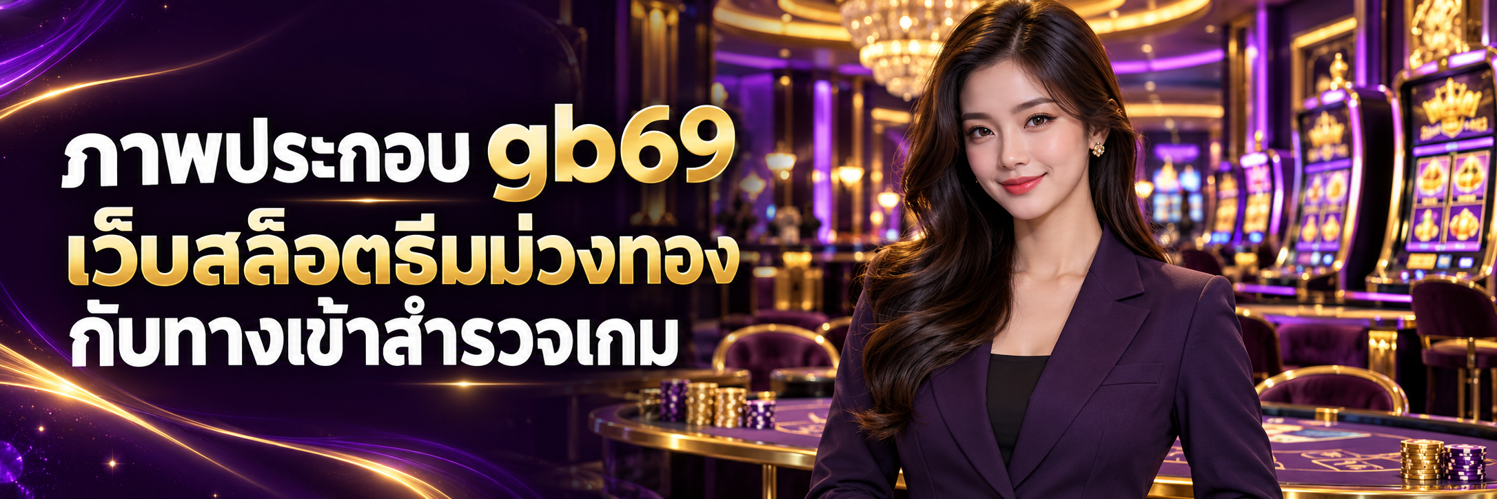 ภาพประกอบ gb69 เว็บสล็อตธีมม่วงทองกับทางเข้าสำรวจเกม